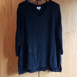 Black Long Ribbed Knit V Neck Notched Sweater